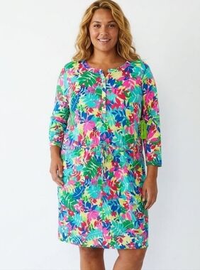 ​Lands' End Tropical Leaf Print Midi Dress | Size Large (14-16) | REPREVE